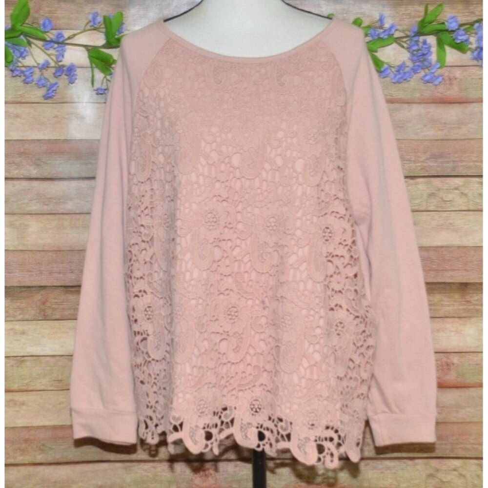 Adrianna Papell Ladies Pink Dusty Rose Floral Lace Knit Shirt Top Size XL